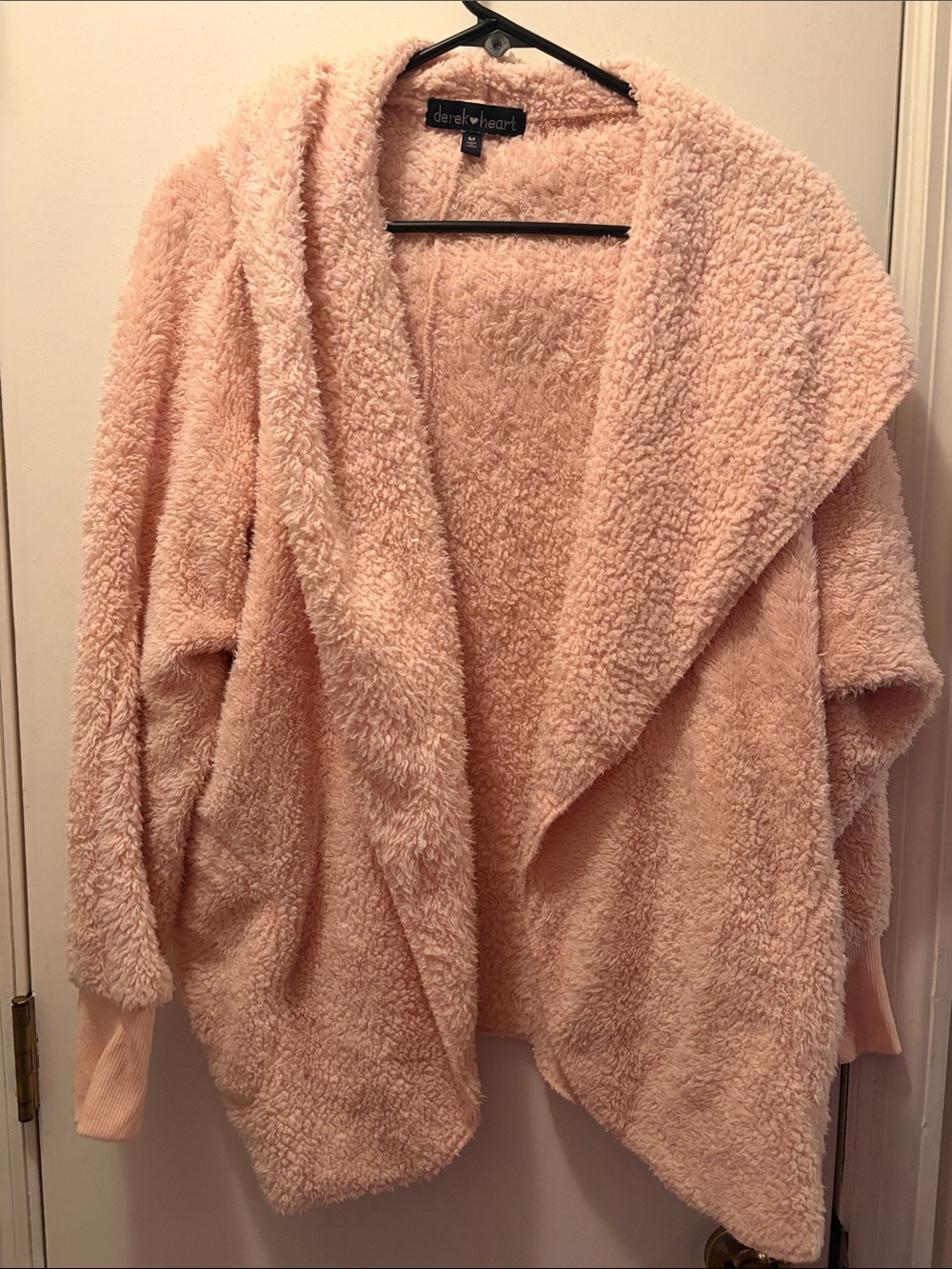 Derek Heart Plush Open-Front Sherpa Cardigan in Blush Pink